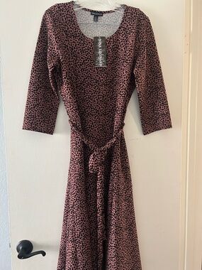 Nina Leonard Rose Pink and Black Leopard-Print Midi Dress